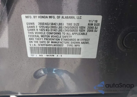 2020 Honda Pilot Awd Touring 8 Passenger z USA, uszkodzony, nr VIN 5FNYF6H91LB033022